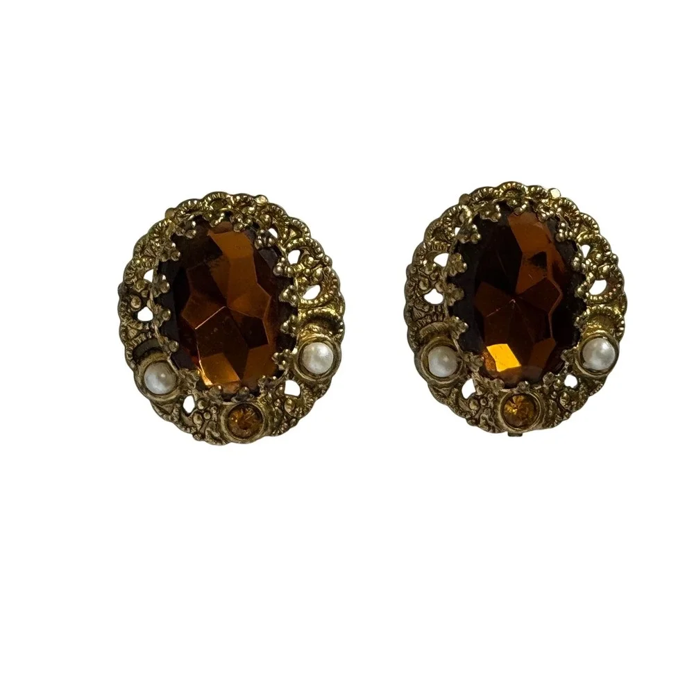 Vintage W Germany Clip On Earrings Brown‎ Jewel Faux Pearl Gold Tone Statement